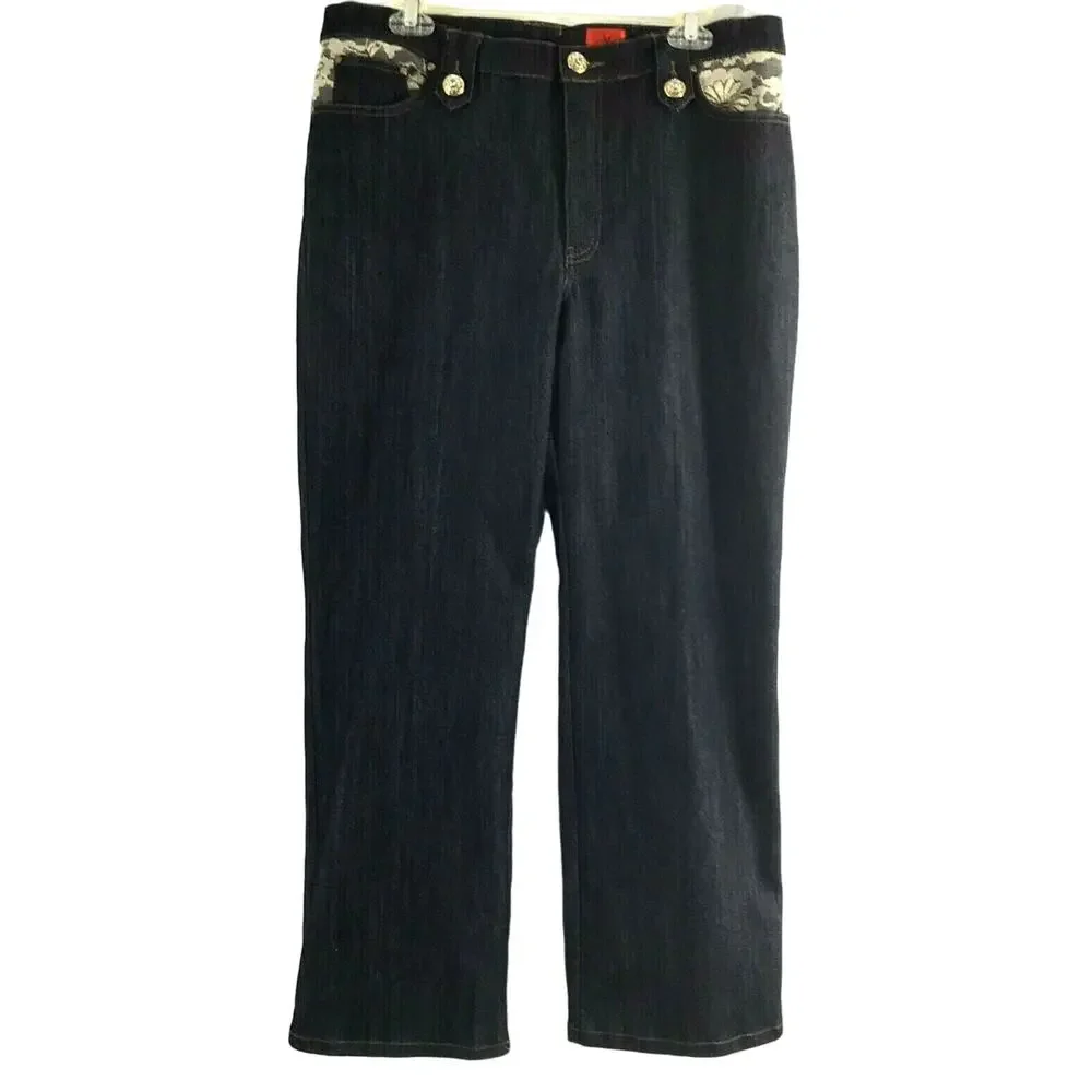 Cristina Jeans  Womens Size 14‎ Straight Dark Wash Denim Lace Rhinestone Accent